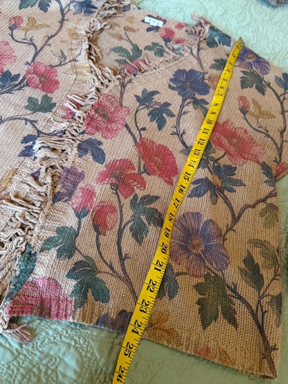 POL Floral Print Fringe Open Cardigan Boho Cottagecore Oversized Sweater L